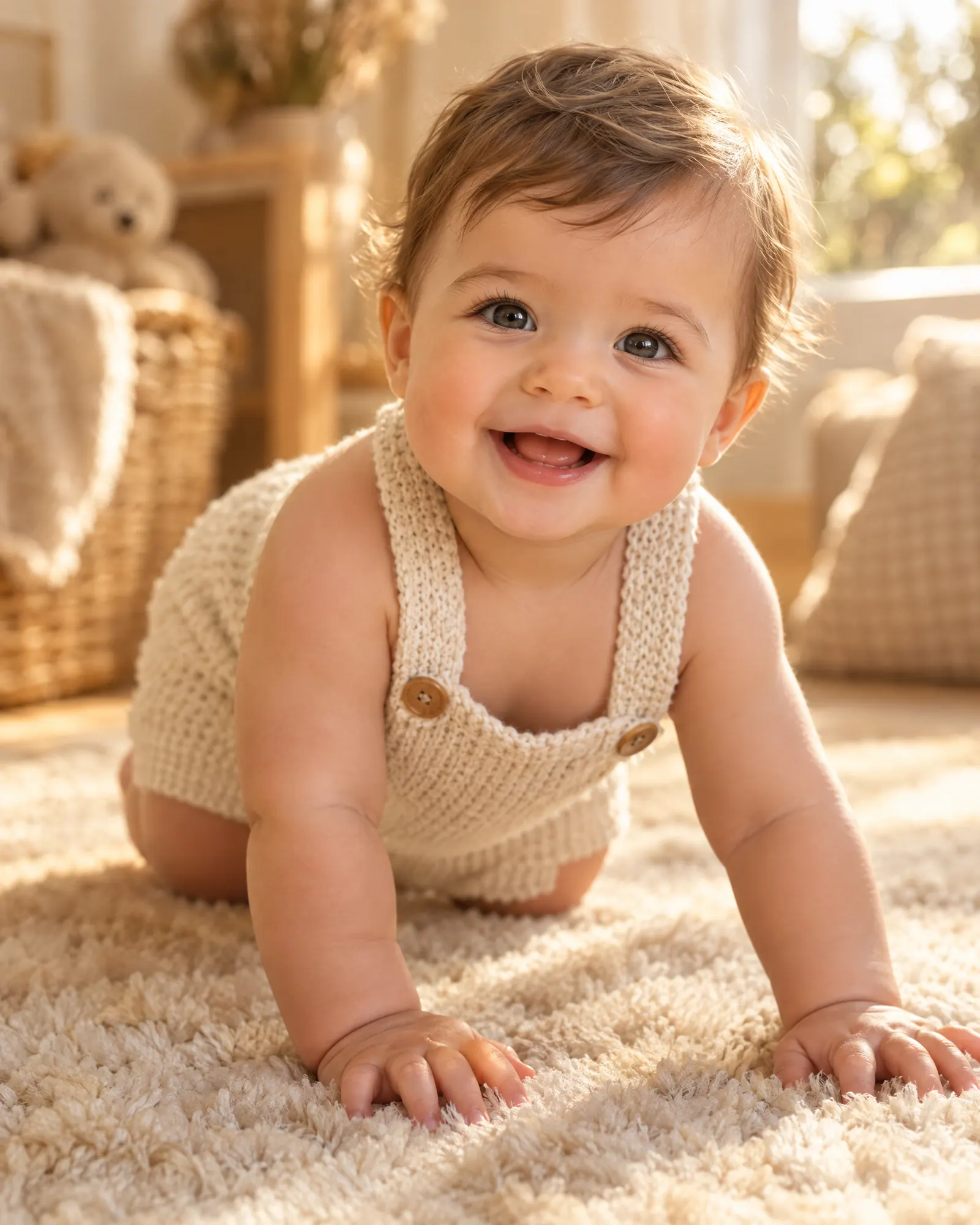A smiling baby crawling on a soft rug