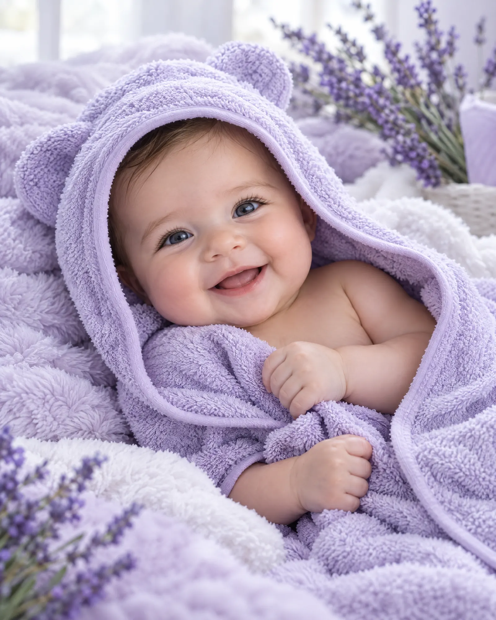 A smiling baby wrapped in a lavender towel