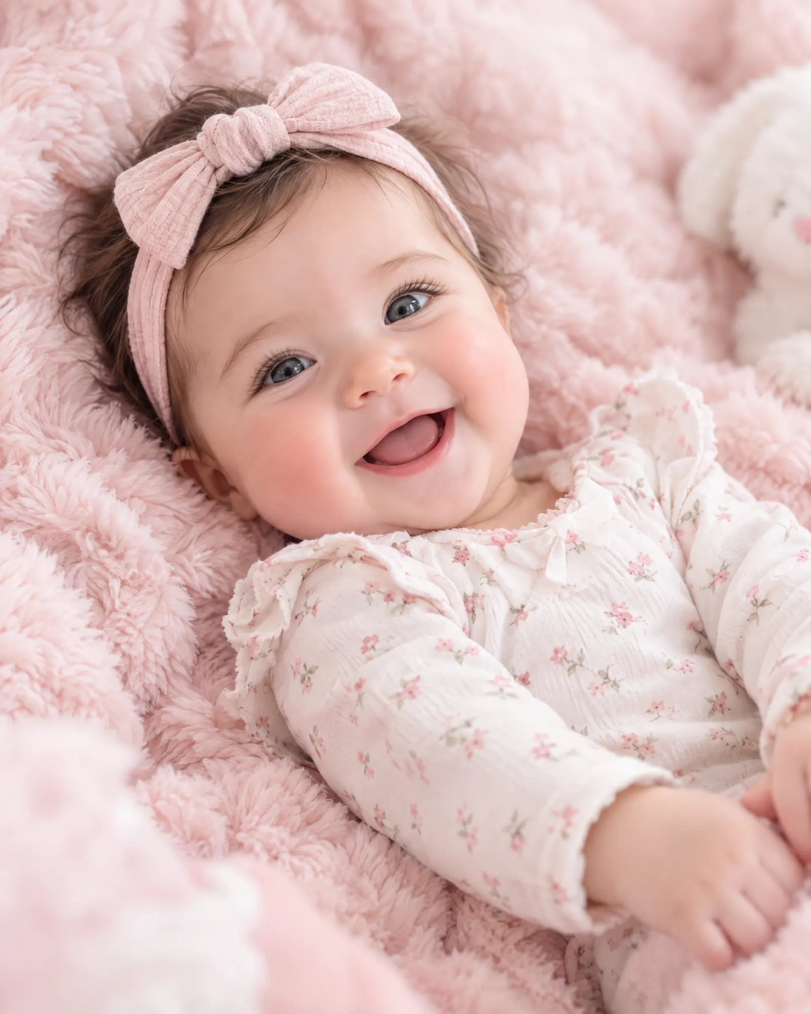 A content baby lying on a soft pink blanket