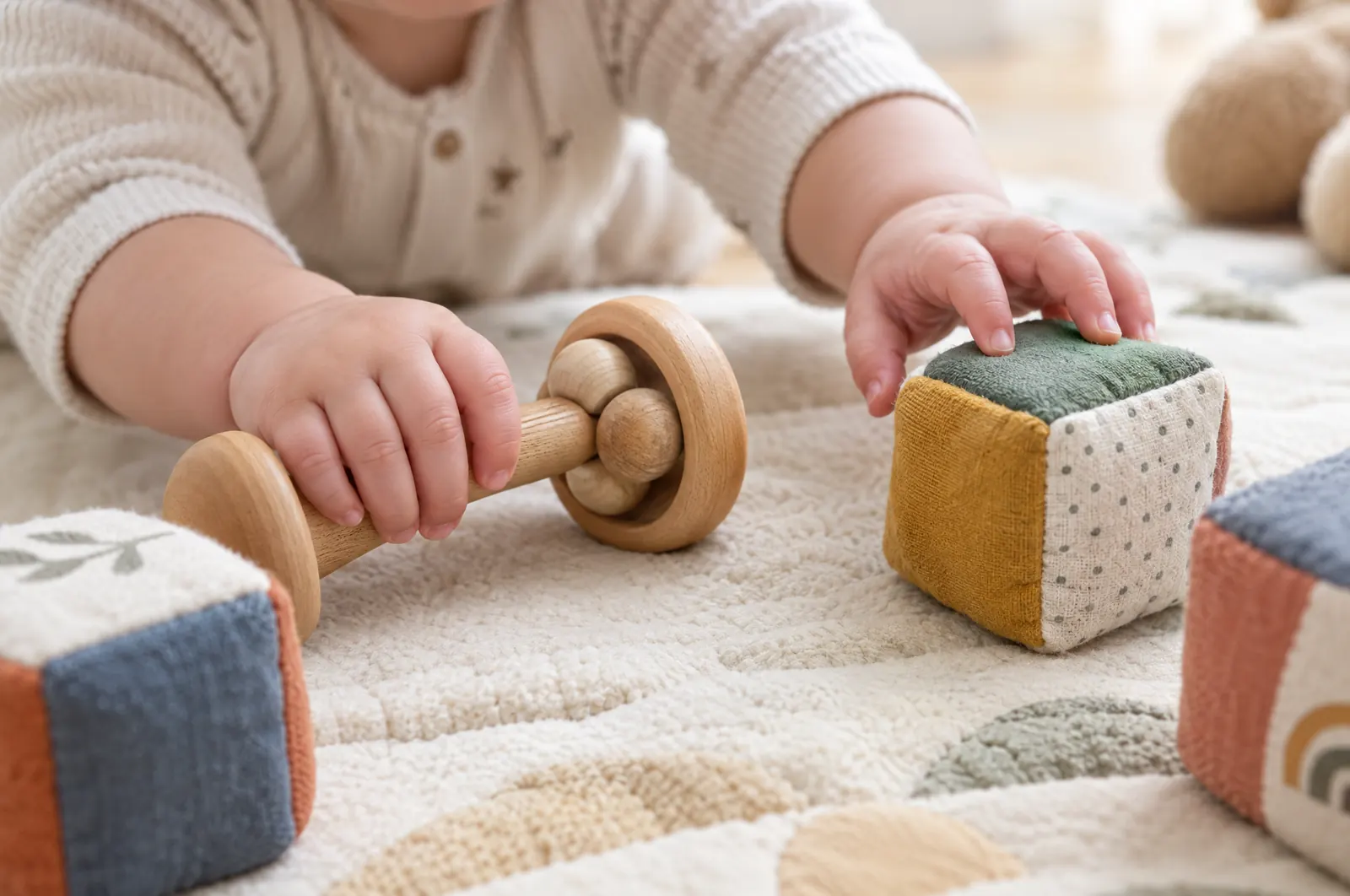 Baby hands reaching for a wooden rattle