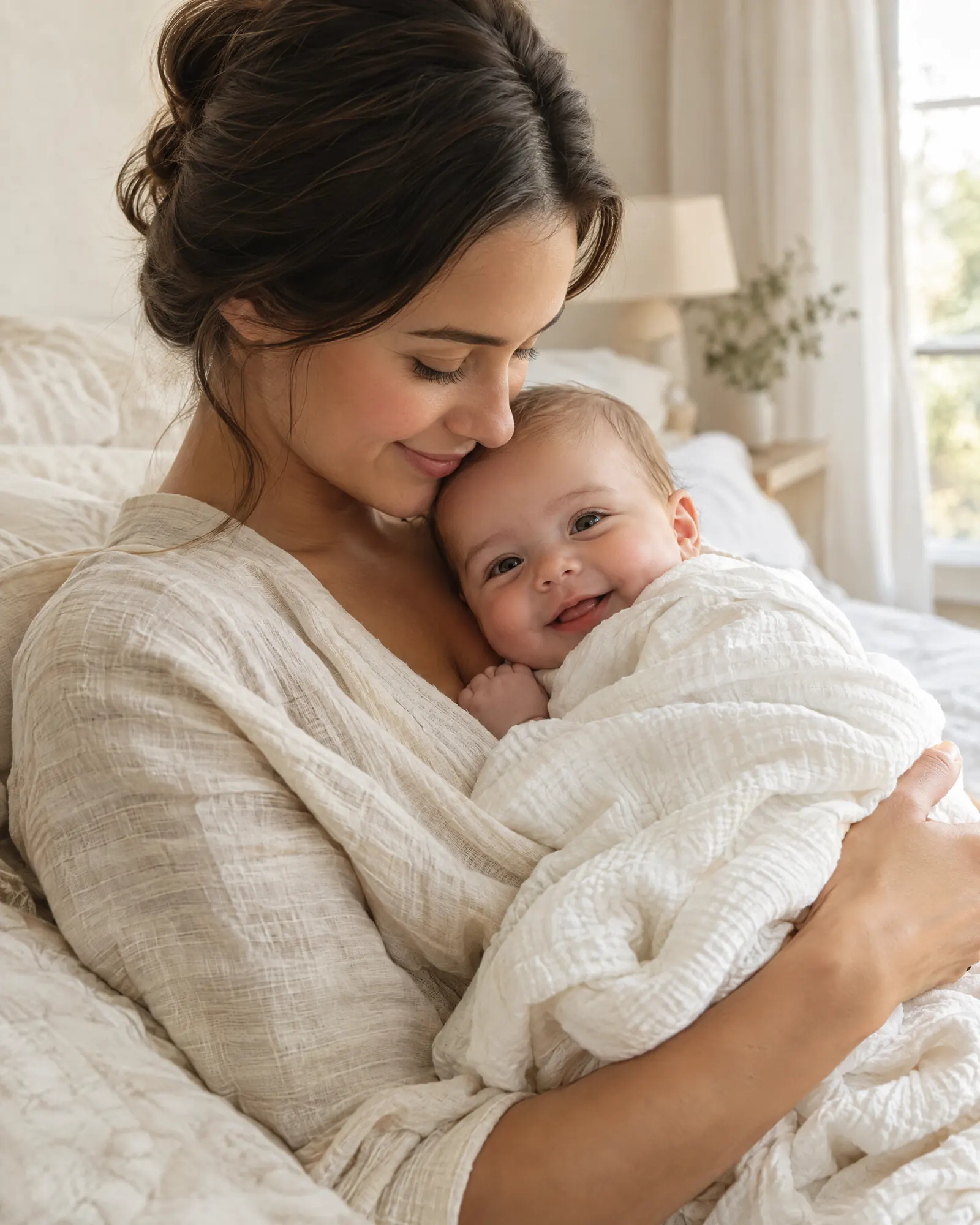 A mother holding her newborn close