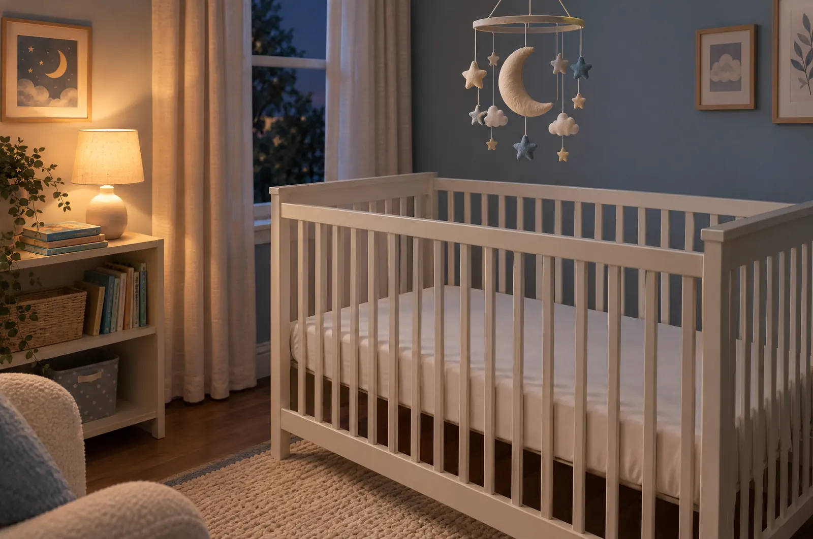 A calm nursery with an empty cot