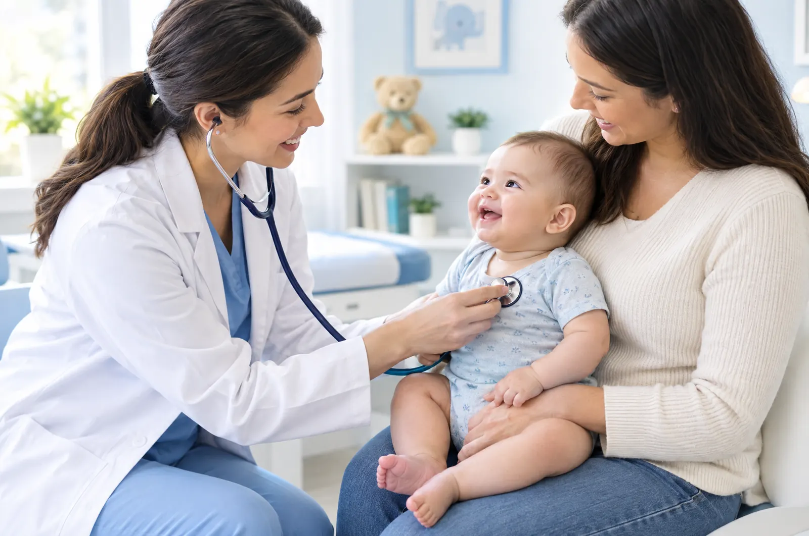 A paediatrician checking a happy baby