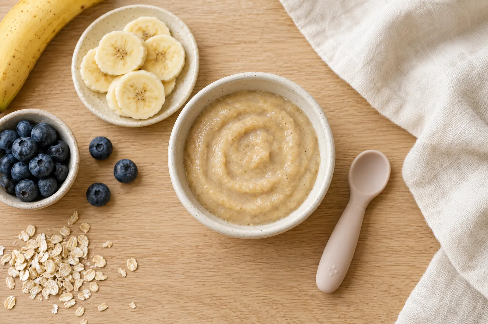 A bowl of smooth oat and banana purée