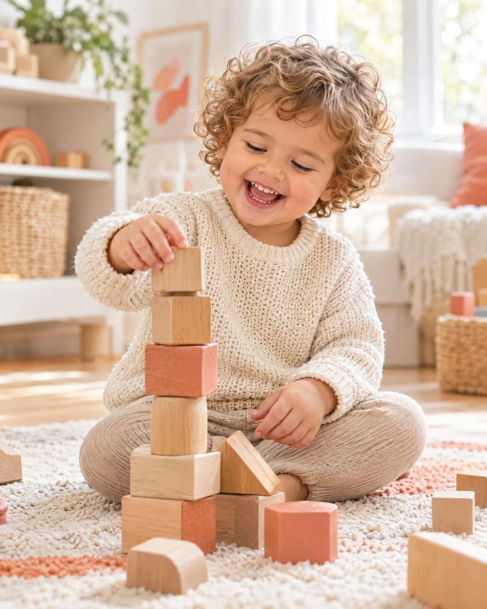 A laughing toddler stacking wooden blocks